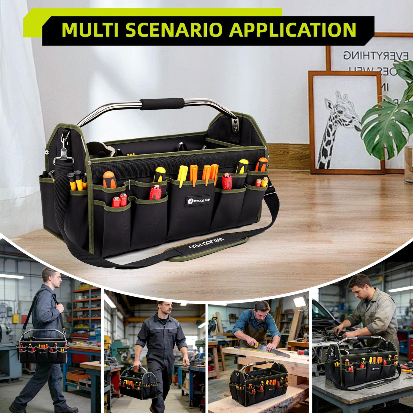 WILAXI PRO 20in Foldable Open Top Tool Bags For Men Heavy Duty, Tool Carrier hard With Handle, Wide Mouth Electrician Tool Tote, Many Pockets Can Hold Many Tool, Green