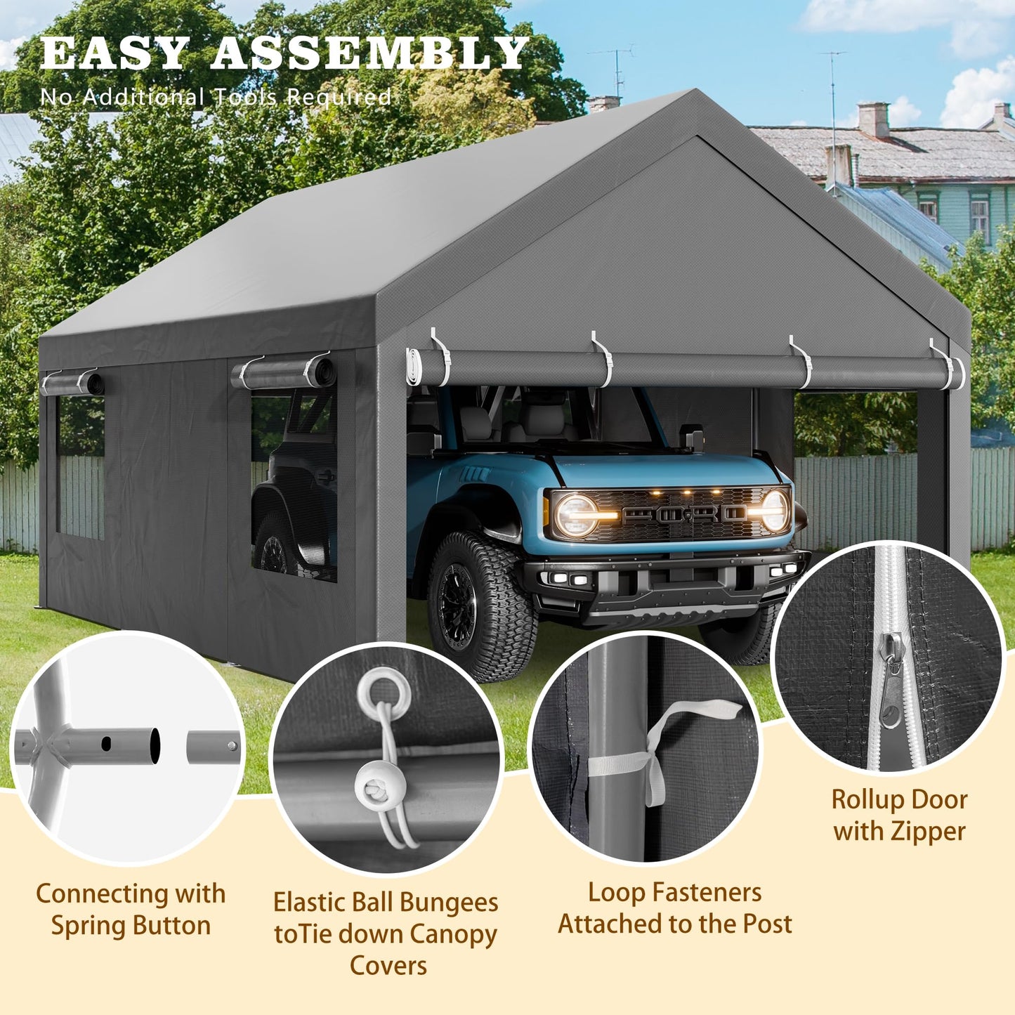Nuturelly 10x20 FT Carport, Heavy Duty Carport Canopy with Roll-up Windows, Portable Garage with Removable Sidewalls & Doors, Car Canopy with All-Season PE Tarp for Car, Truck, Boat, Gray