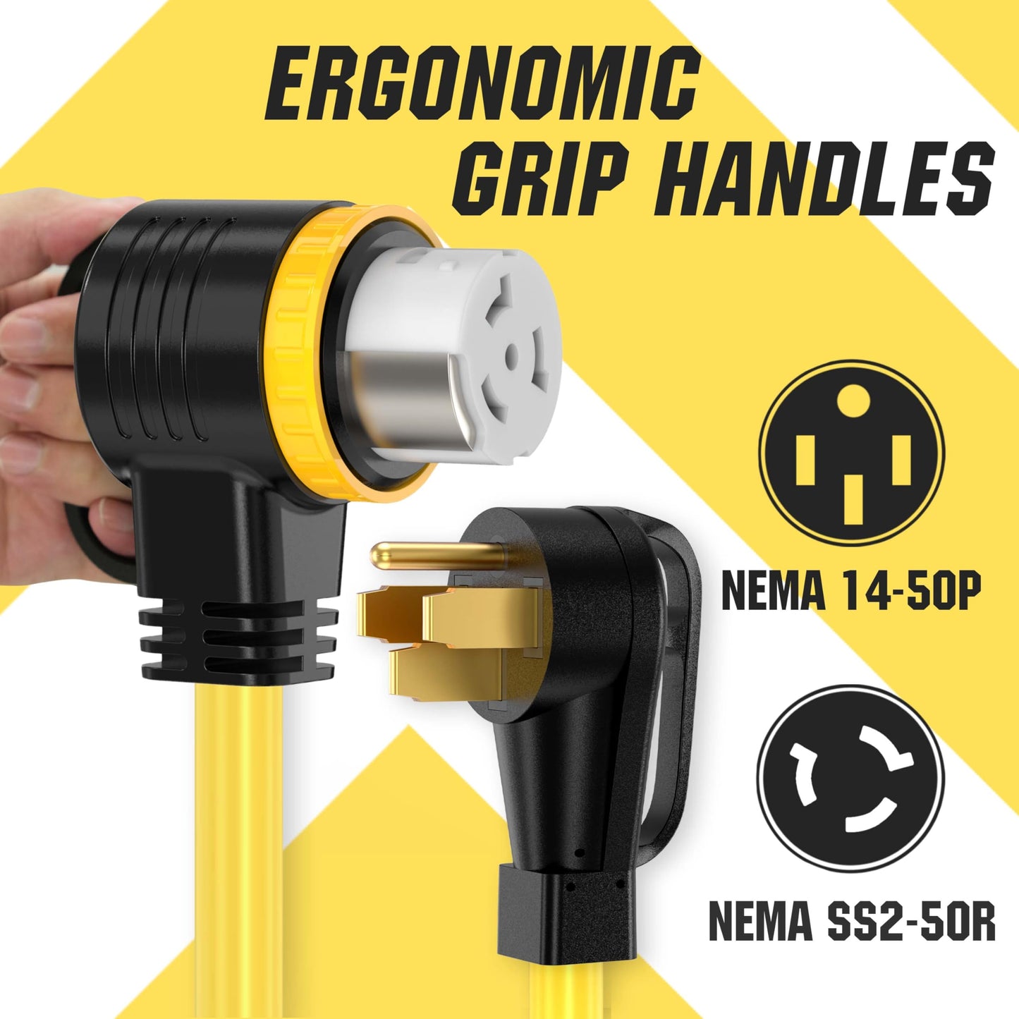 YOMILINK 100 Feet 50 Amp RV/Generator Cord, 100% Copper Wire, NEMA 14-50P to SS2-50R Twist Lock, Newly Designed 90°Grip Handle, 6/3+8/1 Gauge STW Wire