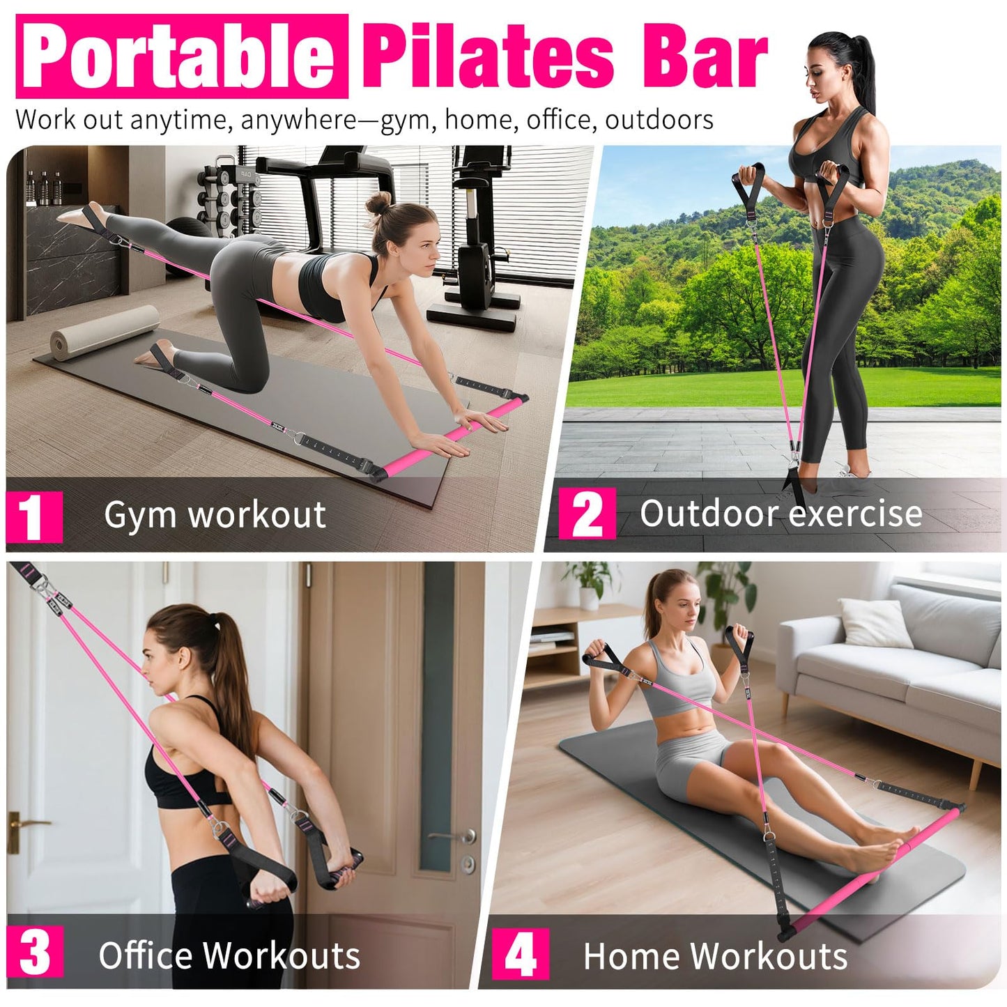 Bbtops Pilates Bar Kit with Resistance Bands(4 x Bands),3-Section Pilates Bar with Stackable Bands Workout Equipment for Legs,Hip,Waist and Arm,Portable Home Gym for Women Full Body (Pink30lbs,40lbs)