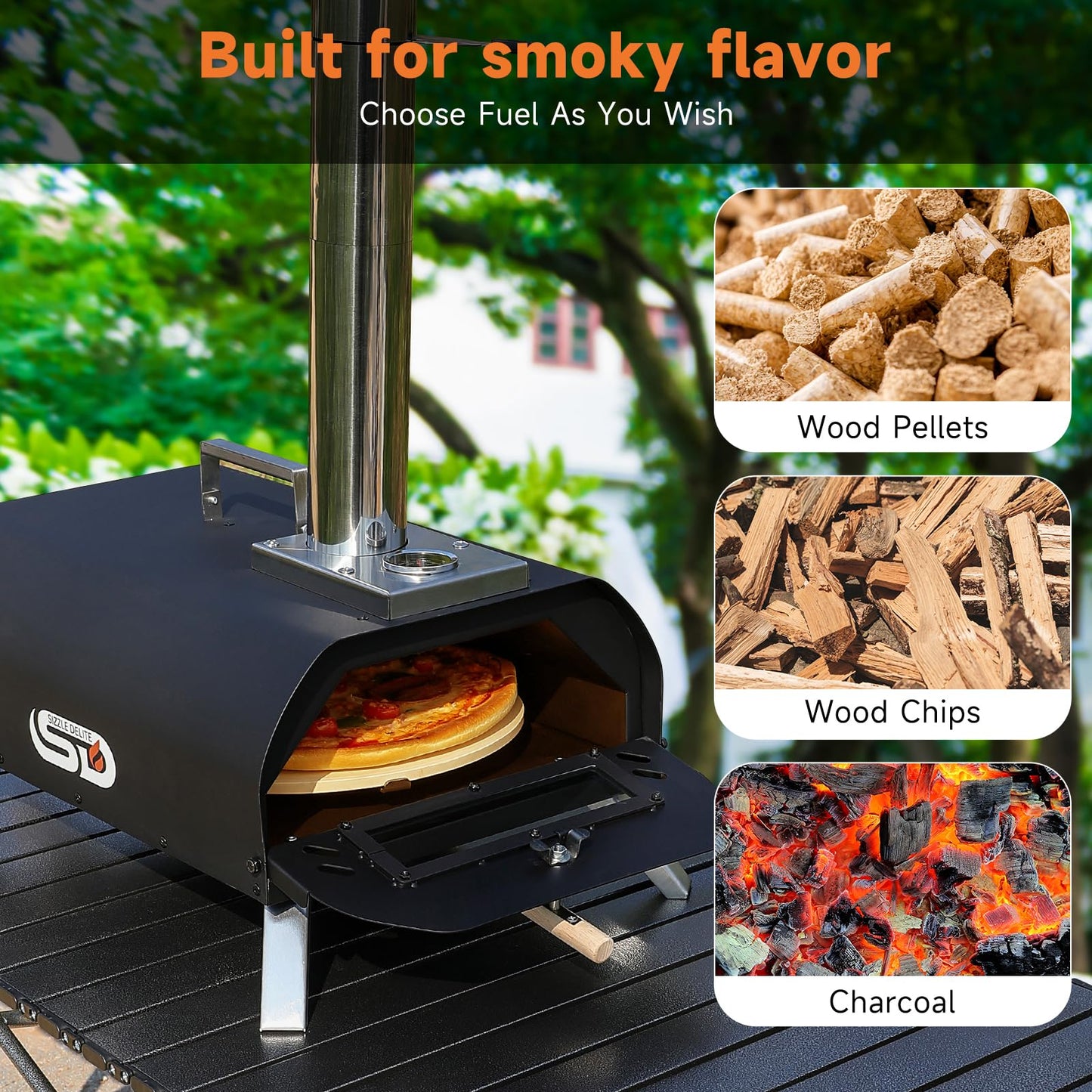 SizzleDelite Outdoor Pizza Oven Wood Pellet 12" Round Pizza Stone, Portable Wood Fired with Built-in Thermometer Pizza Stove, Stainless Steel Pizza Maker for Outside, Backyard, Camping - Black