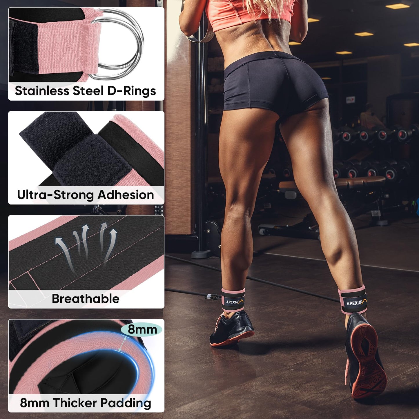 APEXUP Ankle Strap for Cable Machine, Ankle Resistance Bands, Cable Kick Back Straps for Gym, Glute Workouts, Leg Extensions, Adjustable Straps with Neoprene Padding (Single, Black+Pink)