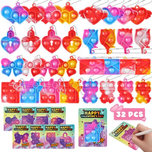 Amy&Benton 32 Pcs Mini Pop Bubble Fidget Toys, 8 Design Pop Squeeze Fidget Keychain Toys with Gifts Cards for Party Favors, Goodie Bag Stuffers Gifts for Kids School Classroom Exchange Game Prizes