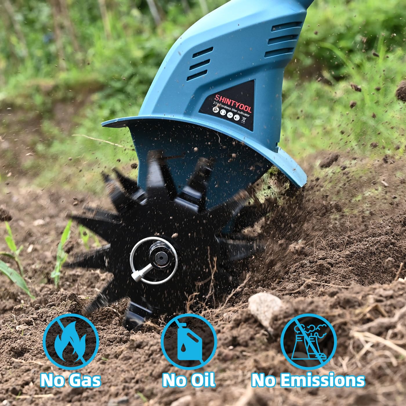 21v Cordless Tiller, 8-Inch Wide 4.0 Ah Battery Powered Garden Cultivator, Cultivator with Steel Tines and Battery Capacity Display, Rototiller for Lawn/Gardening/Soil Cultivation (Blue) by Shintyool