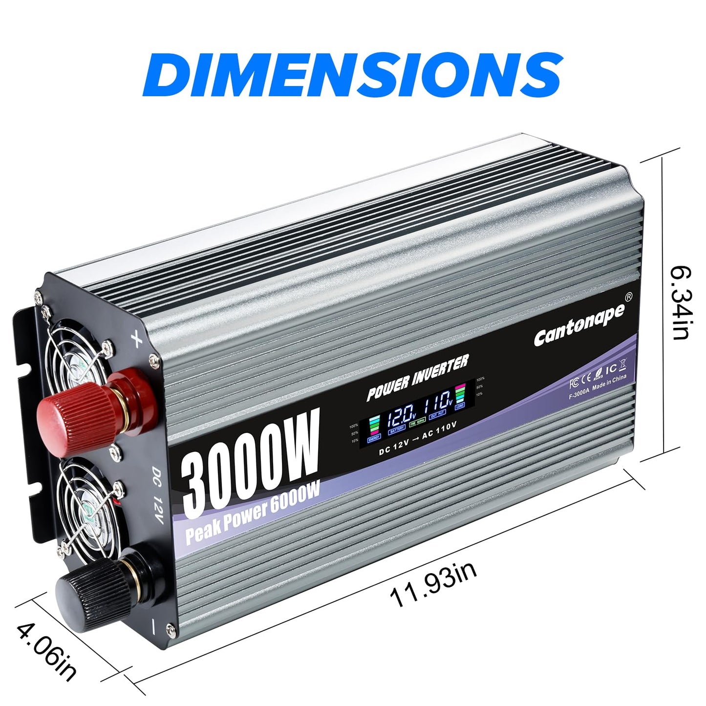 Cantonape 3000W Power Inverter 12V to 110V/120V DC to AC with LCD Display, Remote Controller and 4 x AC Outlets Car Adapter for Car Truck Boat RV Off Grid Solar System