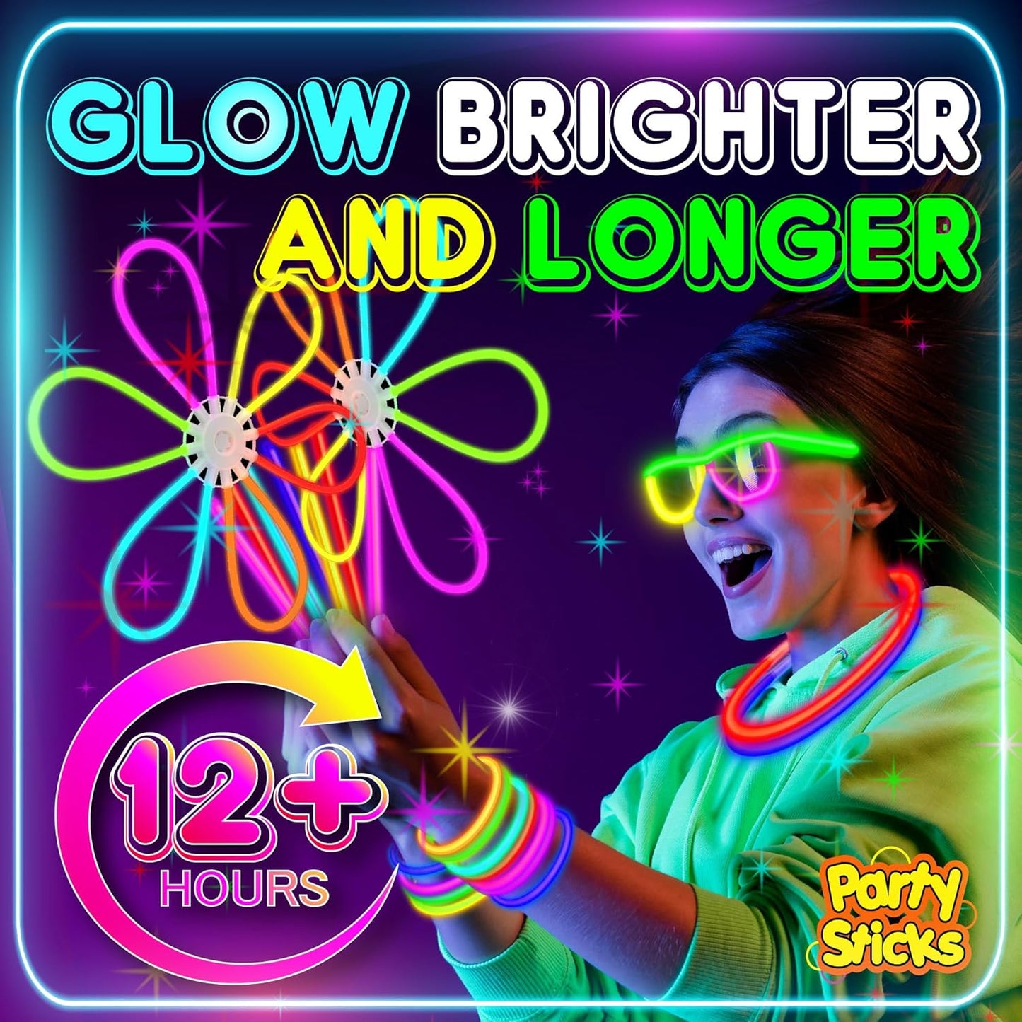 PartySticks Ultra Bright Glow Sticks - Glow in The Dark Party Supplies with Glasses, Bracelets & Connectors | Perfect for Halloween & 4th of July Celebrations