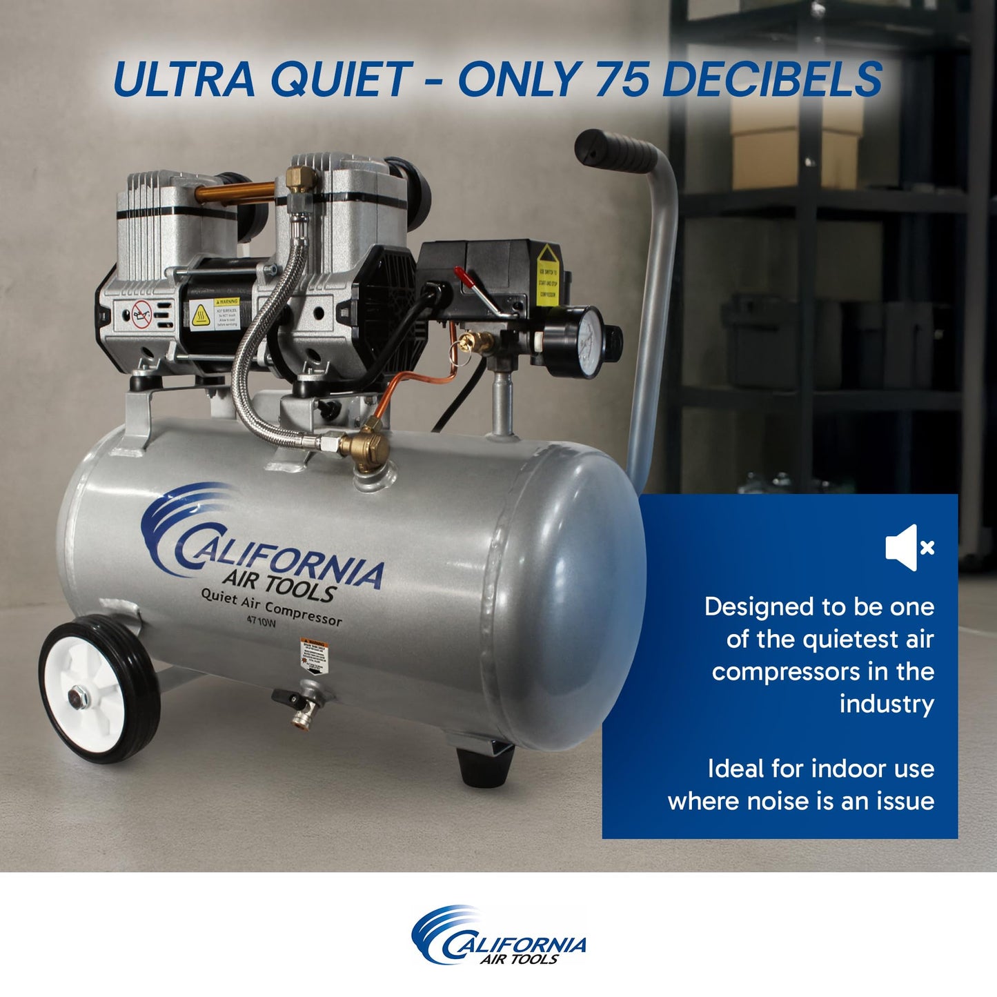 California Air Tools CAT-4710W 1.0 HP Quiet and Oil-Free Air Compressor with Wheels, 4.7 Gallon Steel Tank, 75 dBA Noise Level, Lightweight