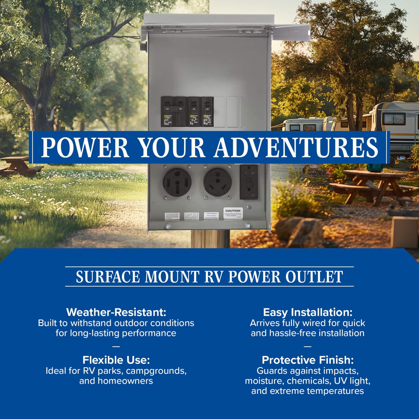 Surface Mount RV Power Outlet – 50/30/20 Amp Electrical Panel, ETL Certified, NEMA 3R Weatherproof, Made in the USA by Jamestown Advanced Products