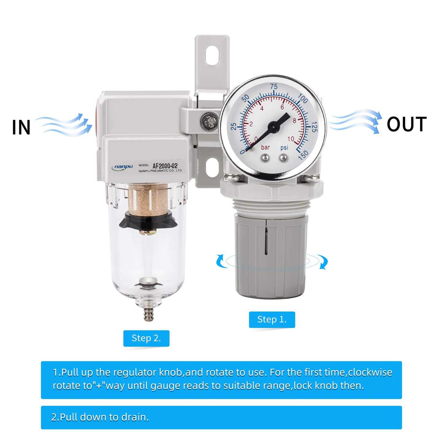 NANPU 1/4" NPT Compressed Air Filter Regulator Combo Piggyback, 5 Micron Element, Poly Bowl, Semi-Auto Drain, Bracket, Gauge (ARF2000)