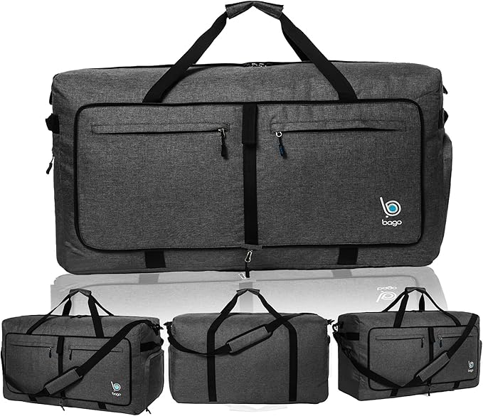 Bago Big XXL Foldable Duffel Bags for Traveling Women & Men - 140L Packable Duffle Bag for Travel with Shoe Compartment - Water Repellant, Heavy Duty, Lightweight Folding & Collapsible (SnowBlack)