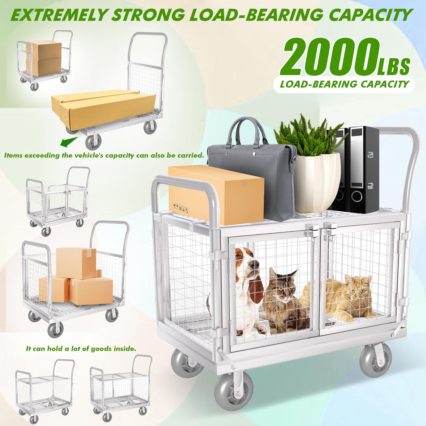 Platform Truck Cart with Cage 2-Door Design 7 in 1 Mutipurpose Handcart with 5" Wheel 39"x25" Large Uitility Cart, Mesh Plate w/Removalble Fence 6-Side, Load 2000lbs for Grocery/Laundry/Stall/Storage