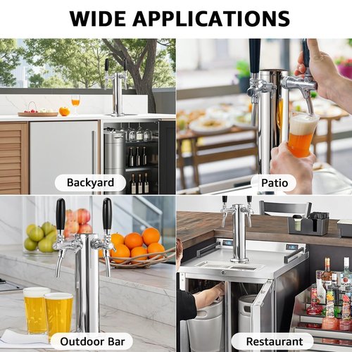 New Adjustable Dual Tap Kegerator Tower Beer Tap Tower with 1/4" Barb, 3" Draft Beer Dispenser Keg Tower, 304 Stainless Steel Core Self-Closing Beer Faucet with Pre-Assembled Kegerator Parts Kits