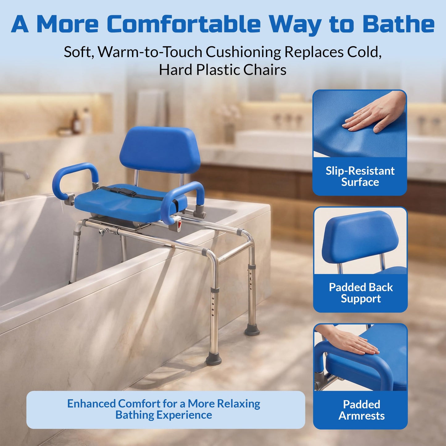 Platinum Health Carousel Sliding Shower Chair Tub Transfer Bench with Swivel Seat, Premium Padded, Pivoting Arms, Adjustable Space Saving Design for Tubs, Inside Shower, for Handicap & Seniors, Blue