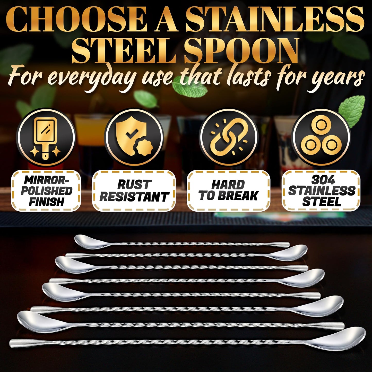 8 Pcs Bar Spoons Set – 12'' Long Handle Drink Stirrer with Twisted Spiral Design – 304 Stainless Steel | Long Spoons for Stirring Cocktails, Coffee, Milkshakes, Smoothies | Home & Coffee Bar Use