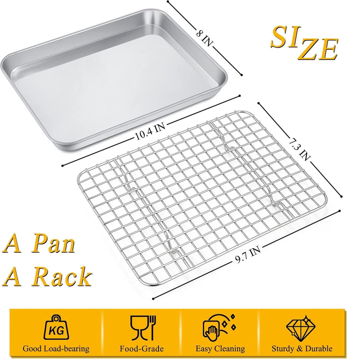 P&P CHEF Toaster Oven Pan Set - 10.4 Inch Stainless Steel Baking Tray & Cooling Rack | Dishwasher Safe, Non-Toxic, Easy to Clean