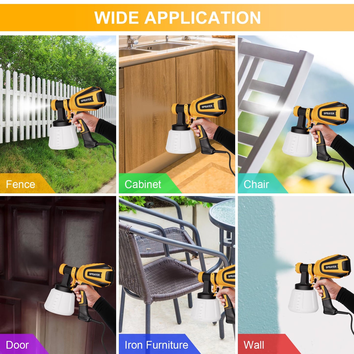 VONFORN Paint Sprayer, 700W HVLP Spray Gun with Cleaning & Blowing Joints, 4 Nozzles and 3 Patterns, Easy to Clean, for Furniture, Cabinets, Fence, Walls, Door, Garden Chairs etc. VF803 Yellow
