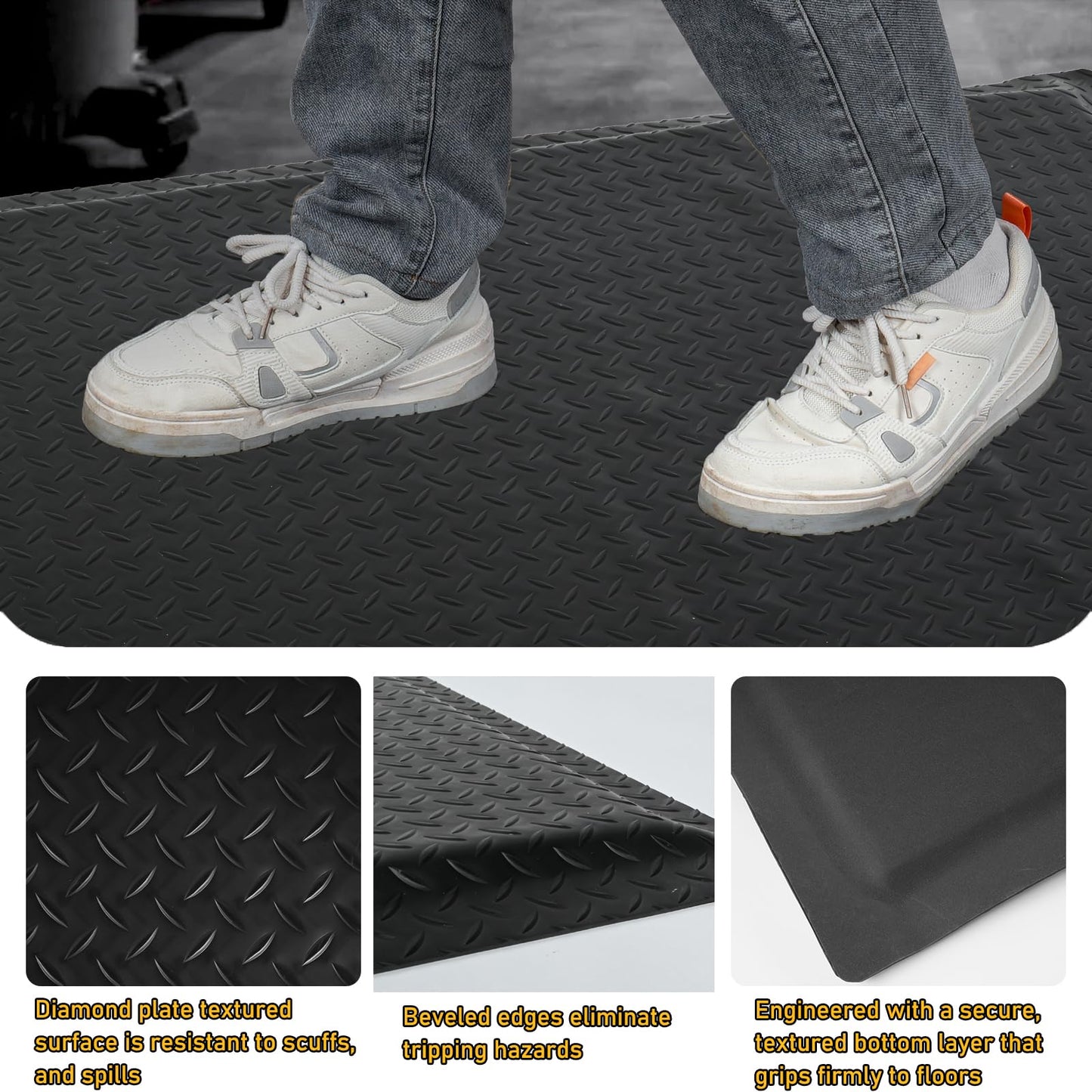 Nisorpa Anti Fatigue Mats Industrial 3' x 6' Ergonomic Standing Mat 15/16" Extra Thick Shop Floor Mat Kitchen Mats Heavy Duty Commercial Diamond Plate Support for Leg & Back Pain, Black