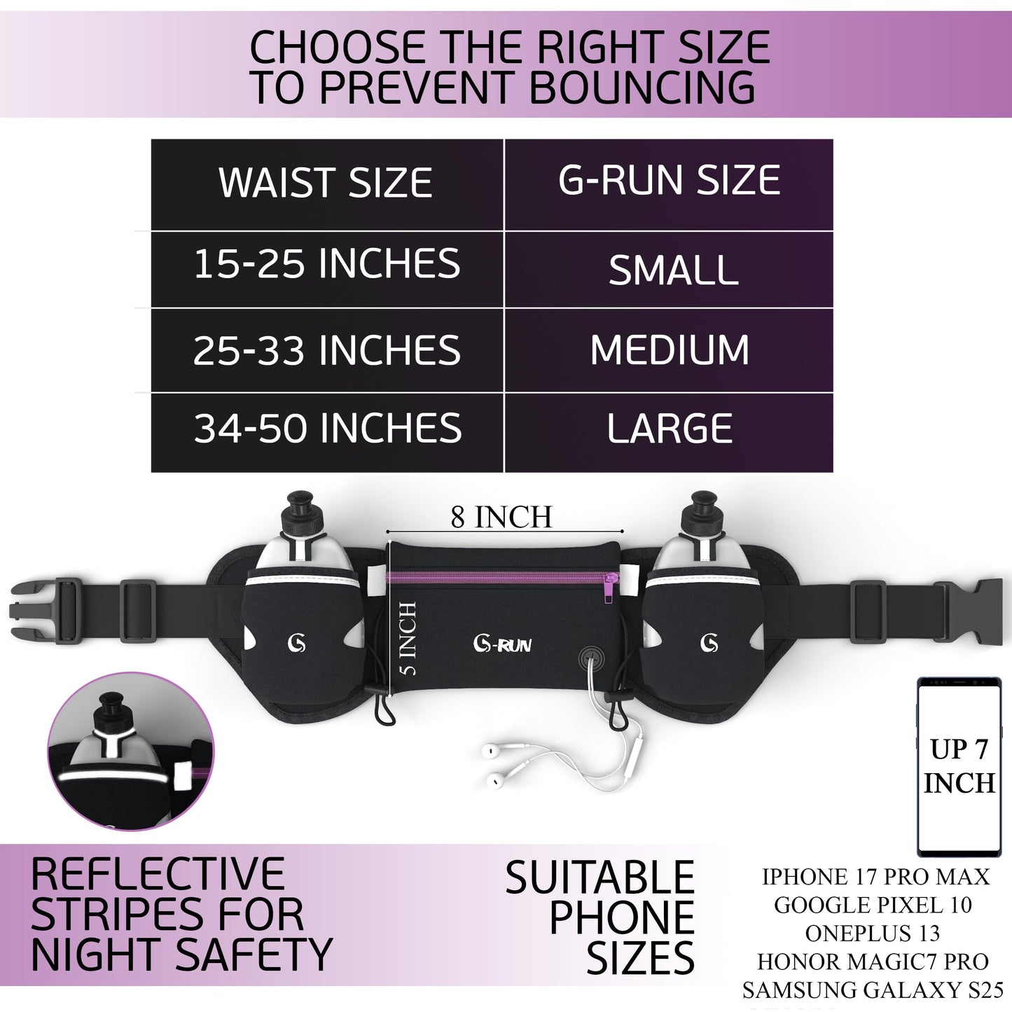 Q-RUN Hydration Running Belt with Bottles - Water Belts for Woman and Men - iPhone Belt for Any Phone Size - Fuel Marathon Waist Pouch for Runners - Jogging Cycling Biking, Purple
