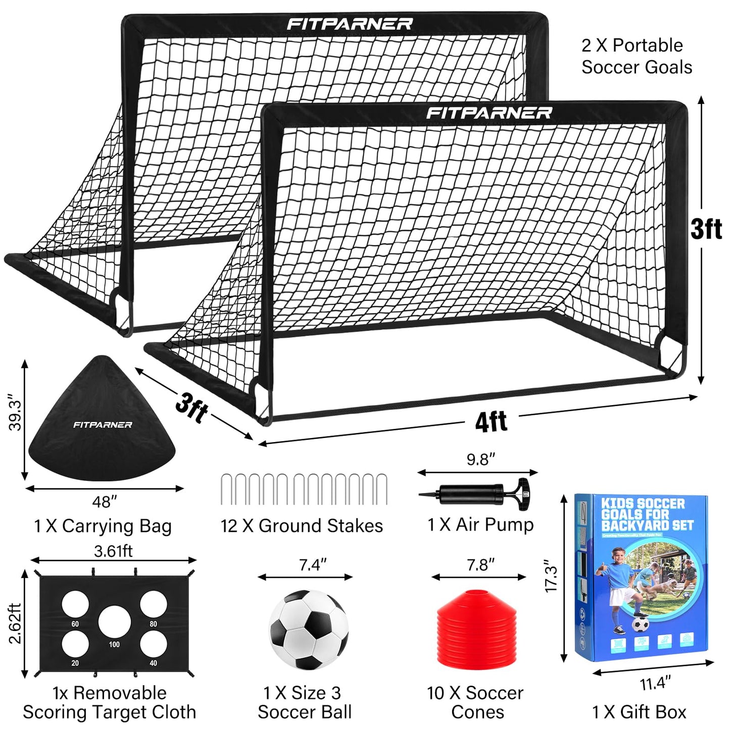 Kids Soccer Goals, 2 Pack 4x3 ft Soccer Nets for Kids Age 3-5 6-8 8-12 10-12-14, Backyard Training Equipment Set with Target, Ball, Cones for Goal Practice,Outdoor Game, Ideal Gift