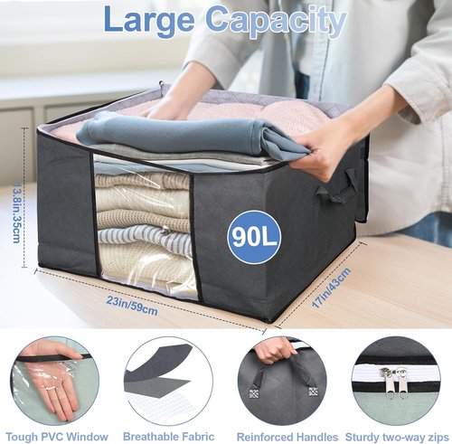 BiCINE 90L Large Clothes Storage Bags - Foldable Blanket Bins with Clear Window for Bedding & Pillows