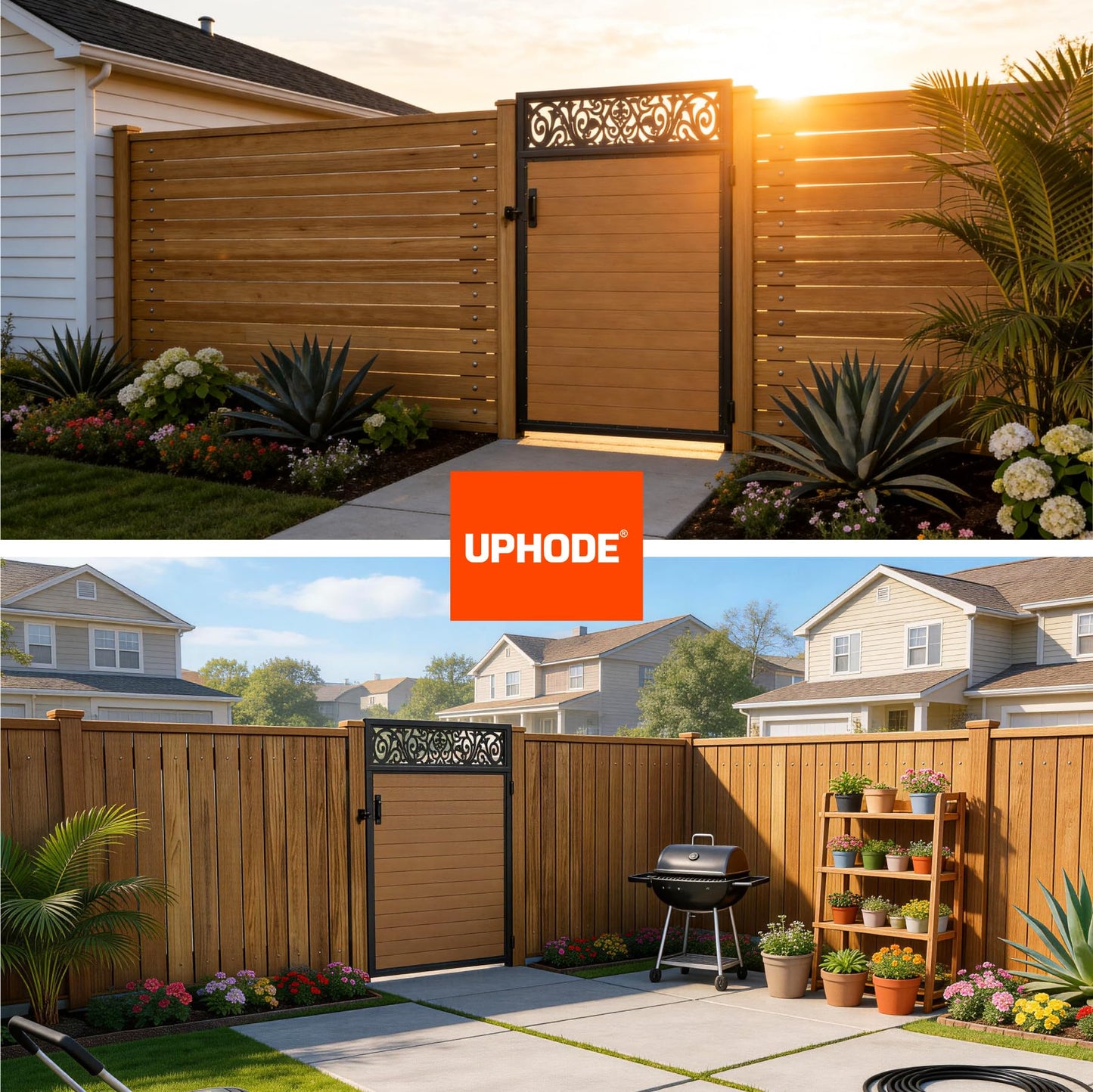 Uphode 4x6 FT(46.8" x 70.8") 201 Stainless Steel Fence Gate Kit Heavy Duty, Anti Sag Metal Fence Gate Frame Kit with Board, Morden Garden Gate Hardware Kit Outdoor (Left/Right Free-Installation)