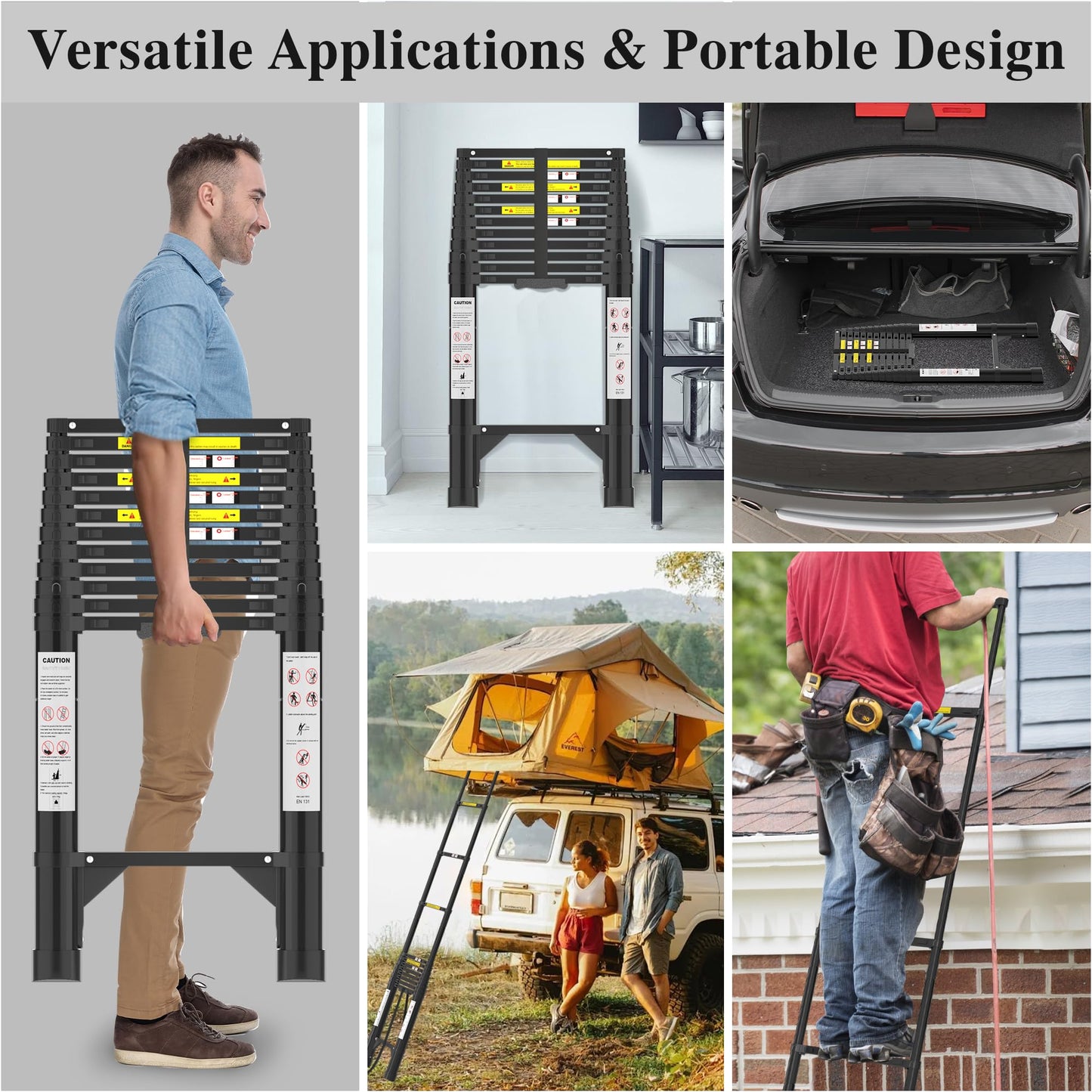 Telescoping Ladder, 16.5 FT Aluminum Extension Ladder, Collapsible & Adjustable, 330 lbs Capacity, Compact Retractable Ladder for House, Roof, RV & Travel Trailer (Black)