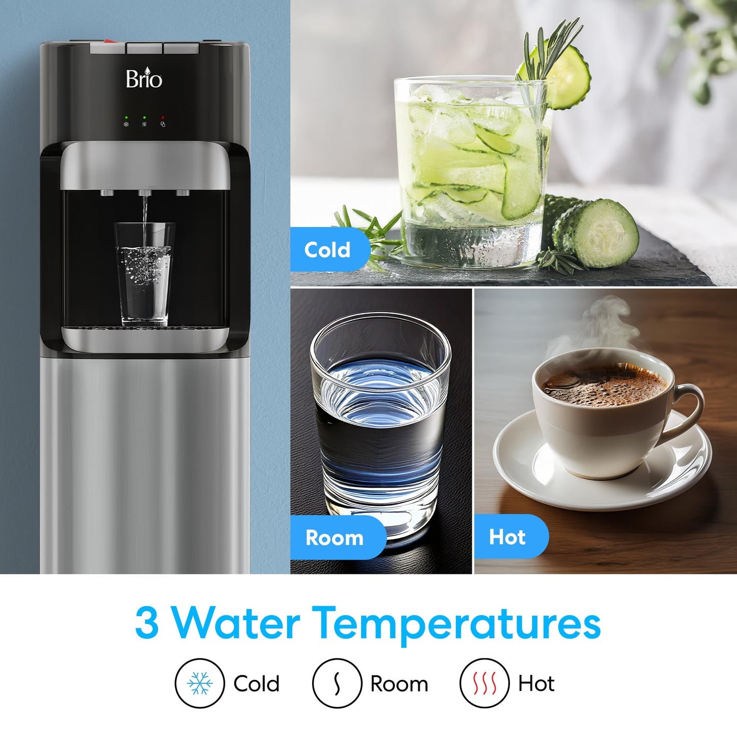 Brio Bottom Loading Water Cooler Dispenser for 5 Gallon Bottles - 3 Temperatures with Hot, Room & Cold Spouts, Child Safety Lock, LED Display with Empty Bottle Alert, Stainless Steel