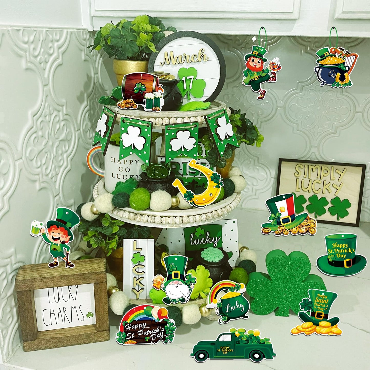 St. Patricks Day Decorations 36pcs Wooden Shamrock Ornaments, Spring Lucky Irish Day Tree Ornaments St Patrick's Day Home Party Hanging Decorations