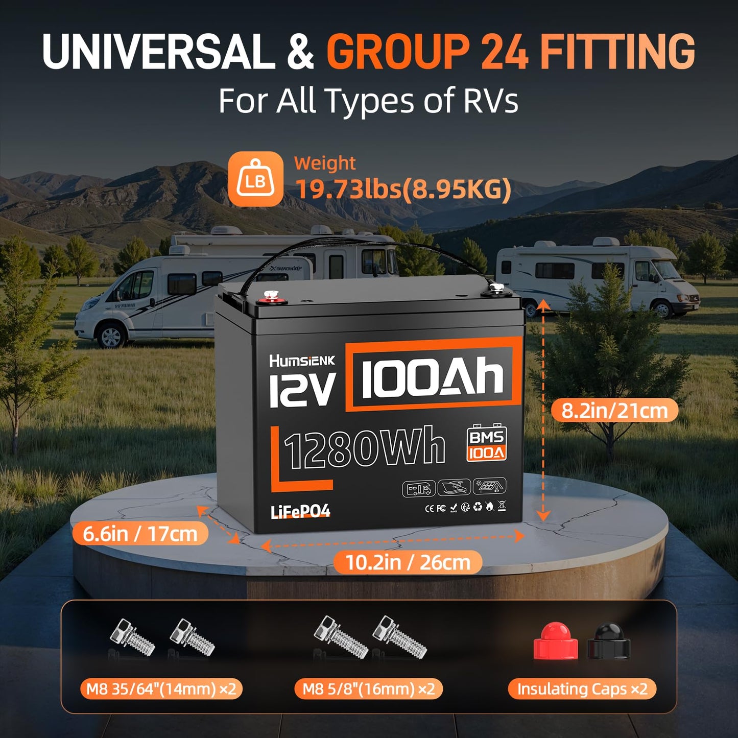 HumsiENK 12V 100Ah LiFePO4 Battery Lithium Deep Cycle, Group 24, IP67, Built-in 100A BMS, 1280Wh Energy, 15000+ Cycles for RV Solar Off-Grid Marine Trolling Motor, Portable Power for Camping