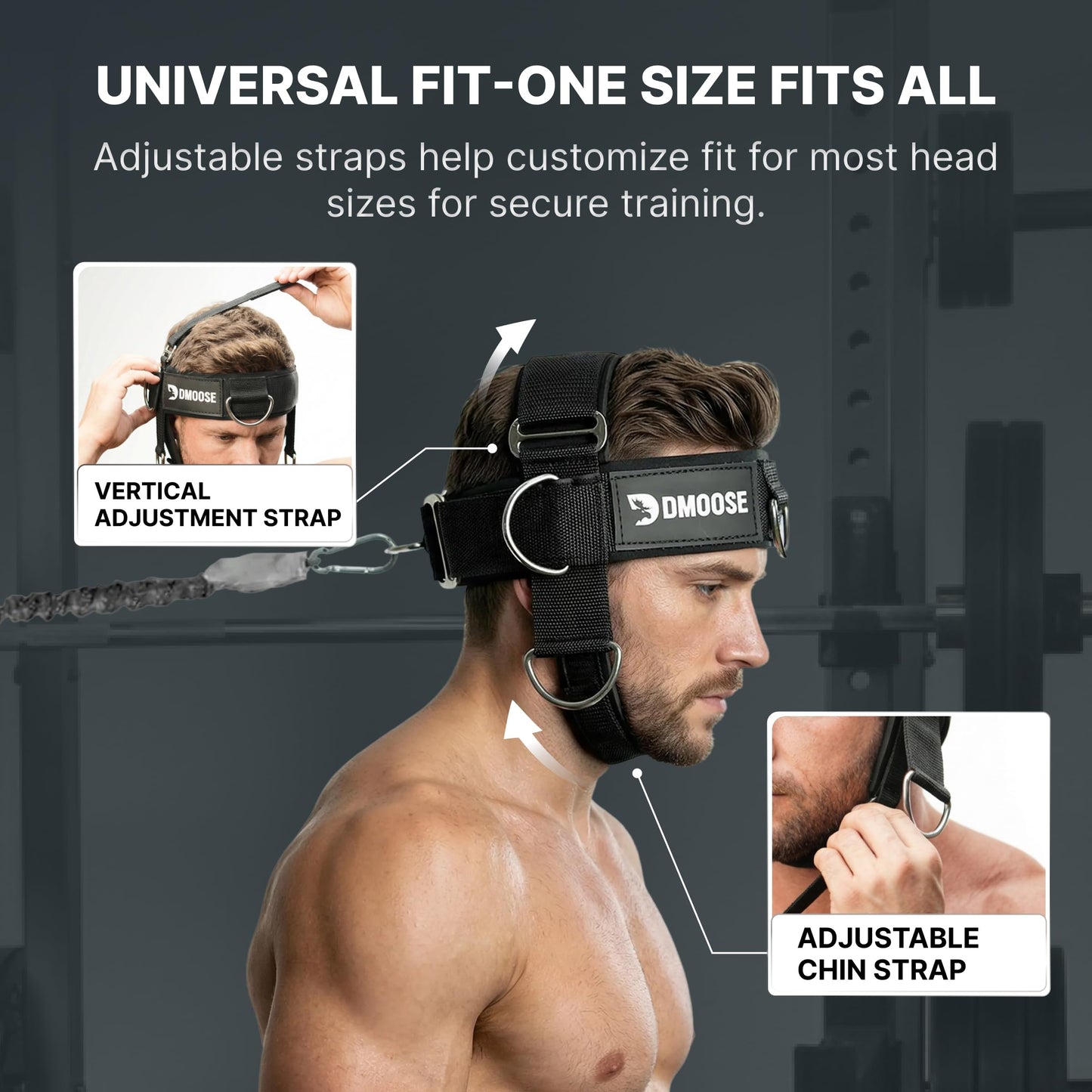 DMoose Fitness Neck Harness Plus for Weight Lifting - Soft Padded Head & Chin Strap with 30" Heavy Duty Steel Chain, 2 Bands & Door Anchor - Neck Exerciser & Strengthener (Neck Harness Plus)