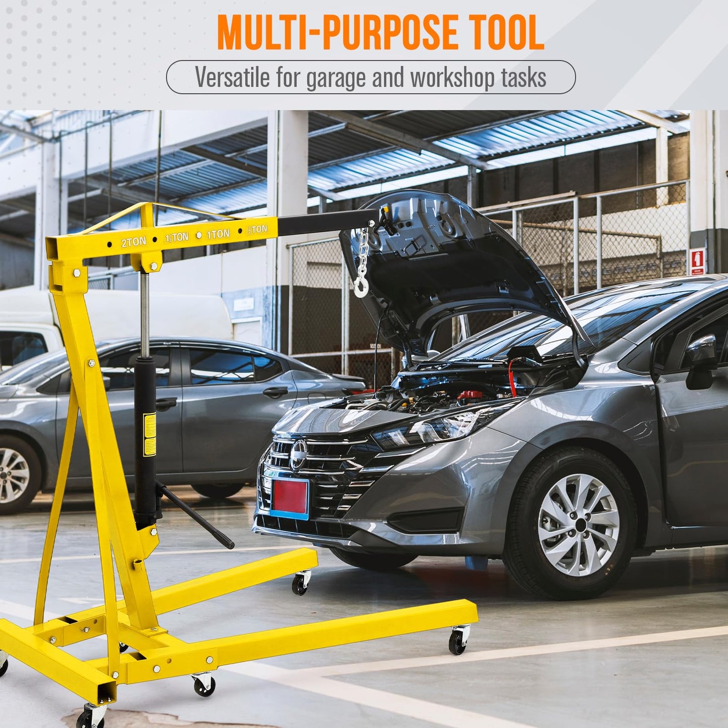 2 Ton Hydraulic Engine Hoist (4400LB) – Heavy Duty Folding Shop Crane with 6 Swivel Casters & Telescopic Boom | Adjustable Lifting for Car Engines, Transmissions | Garage, Workshop, Factory, Yellow