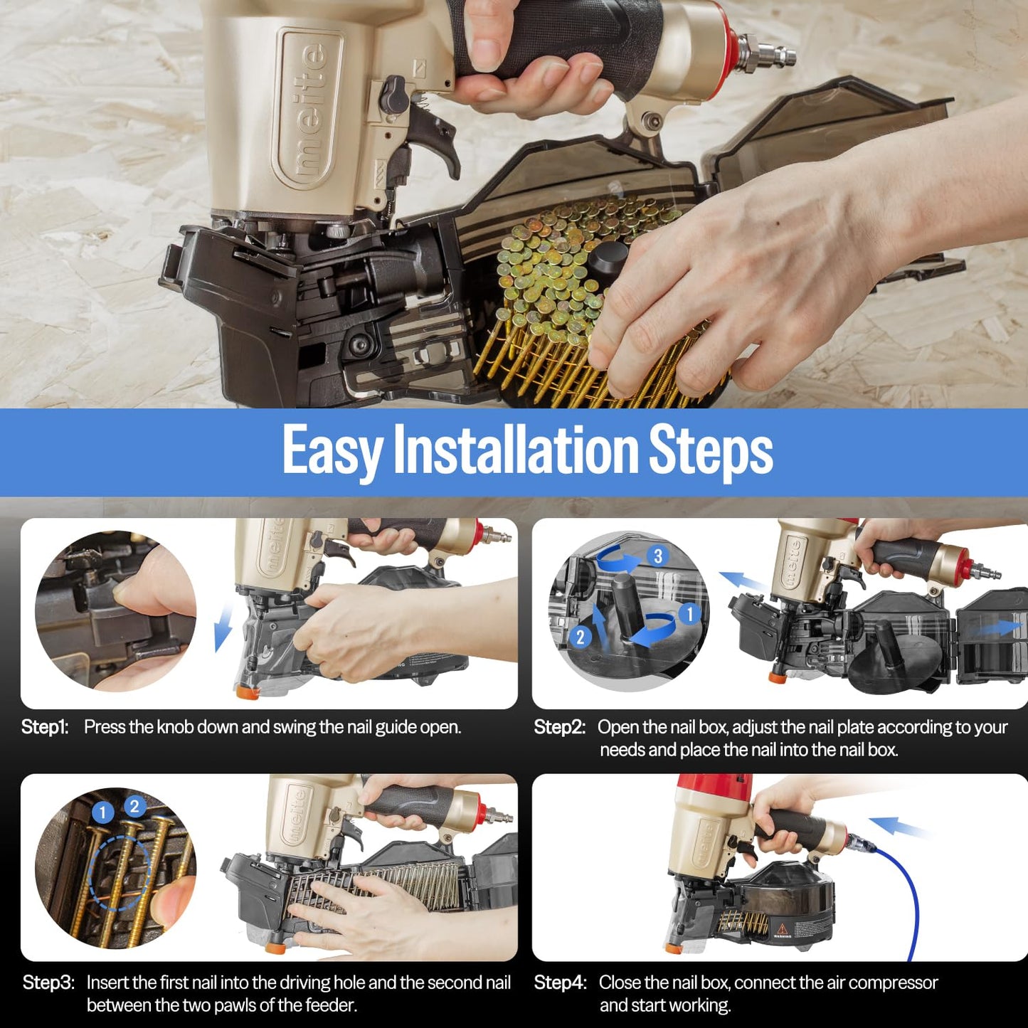 meite CN65S Coil Siding Nailer with 15 Degree Siding Nails 2" × .099'' - Pneumatic Nail Gun with 360° Exhaust & Safety Lock for Roofing Fencing Decking