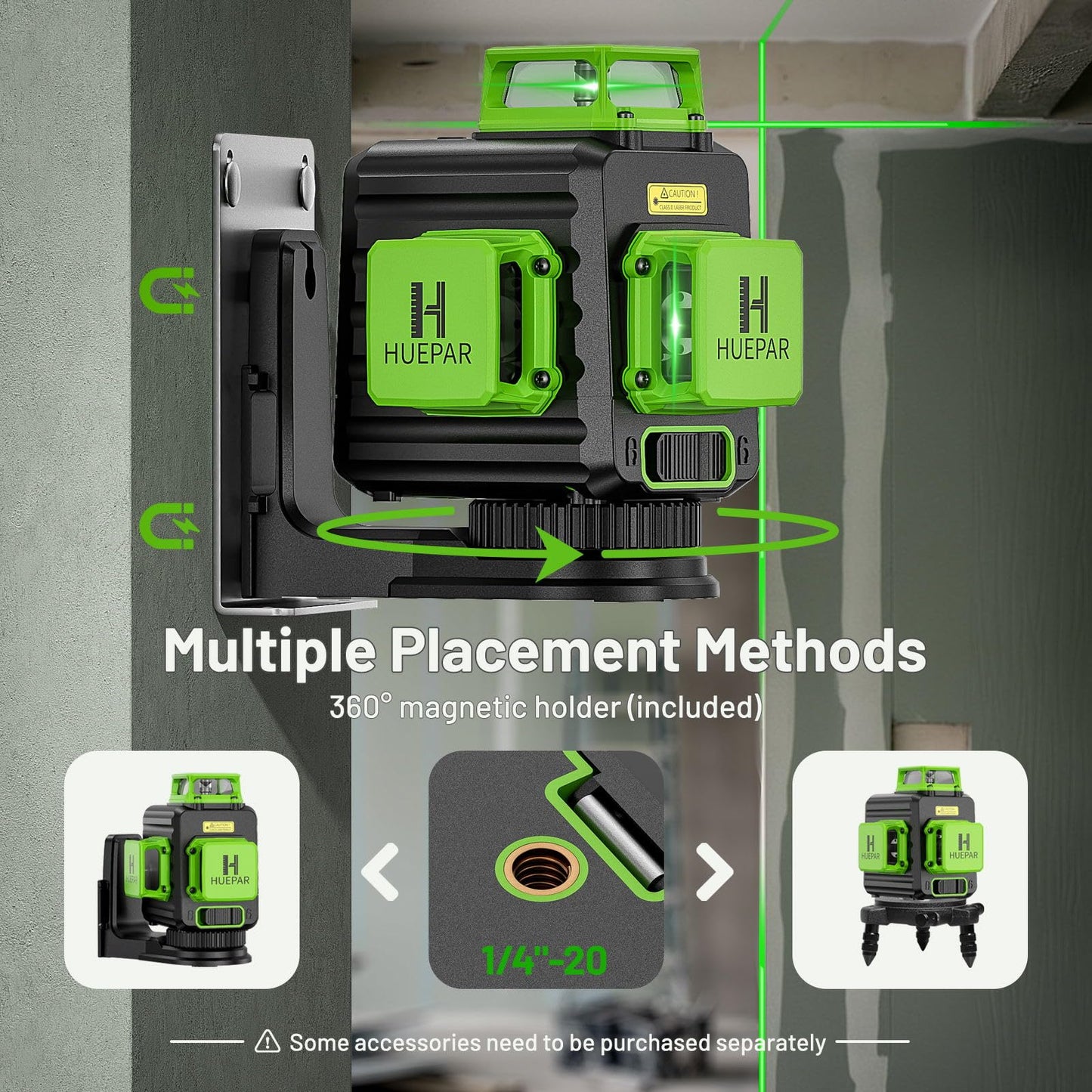 Laser Level 360 Self Leveling with 50" Tripod, Huepar 3x360° High Brightness Green Laser Leveler Tool for Construction, Tile and Picture Hanging, 5200 mAh Li-ion Battery & 2 Portable Bag Included