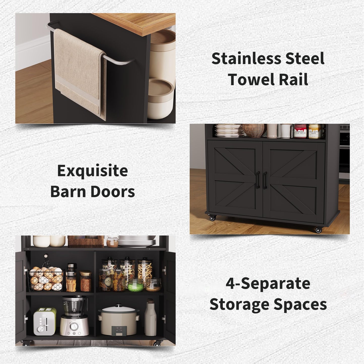 GarveeLife Rolling Kitchen Island with Storage Cabinet, 40.4'' Width Kitchen Cart, Portable Mobile Kitchen Island with Towel Rack, Wood Top and Lockable Wheels for Kitchen, Dining Room