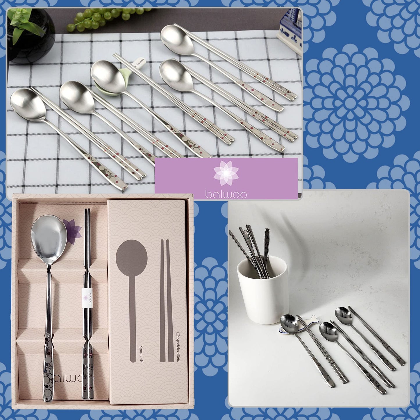 Balwoo [5 Sets][Made in Korea] Sticky Korean Style Rice Spoon Chopsticks Set 430 Stainless Steel Soup Spoon Ramen Noodle Chopsticks Flatware (The Milky Way)