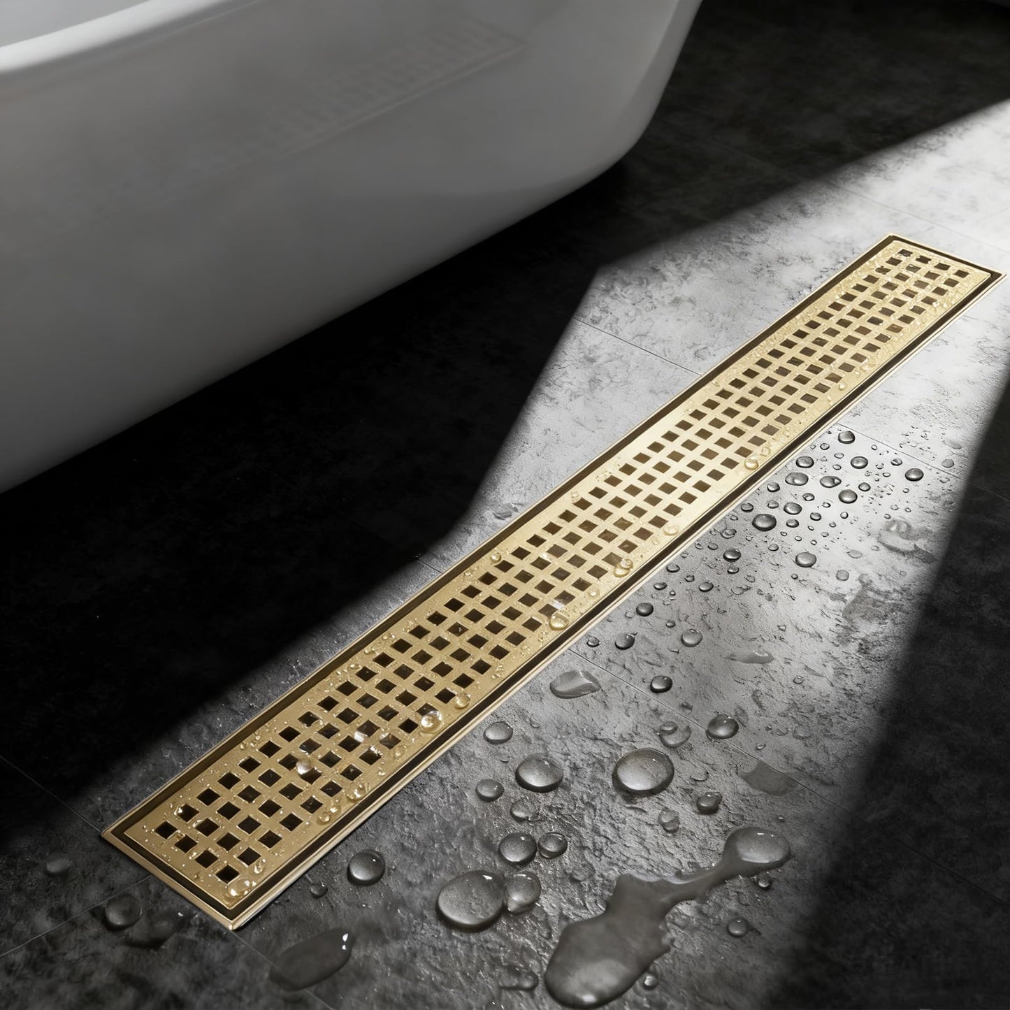 24-Inch Brushed Gold Linear Shower Drain, 304 Stainless Steel Long Linear Drain with Quadrato Pattern Grate, Rectangle Shower Floor Drain with Adjustable Feet, Hair Strainer, Fits Bathroom, Balcony
