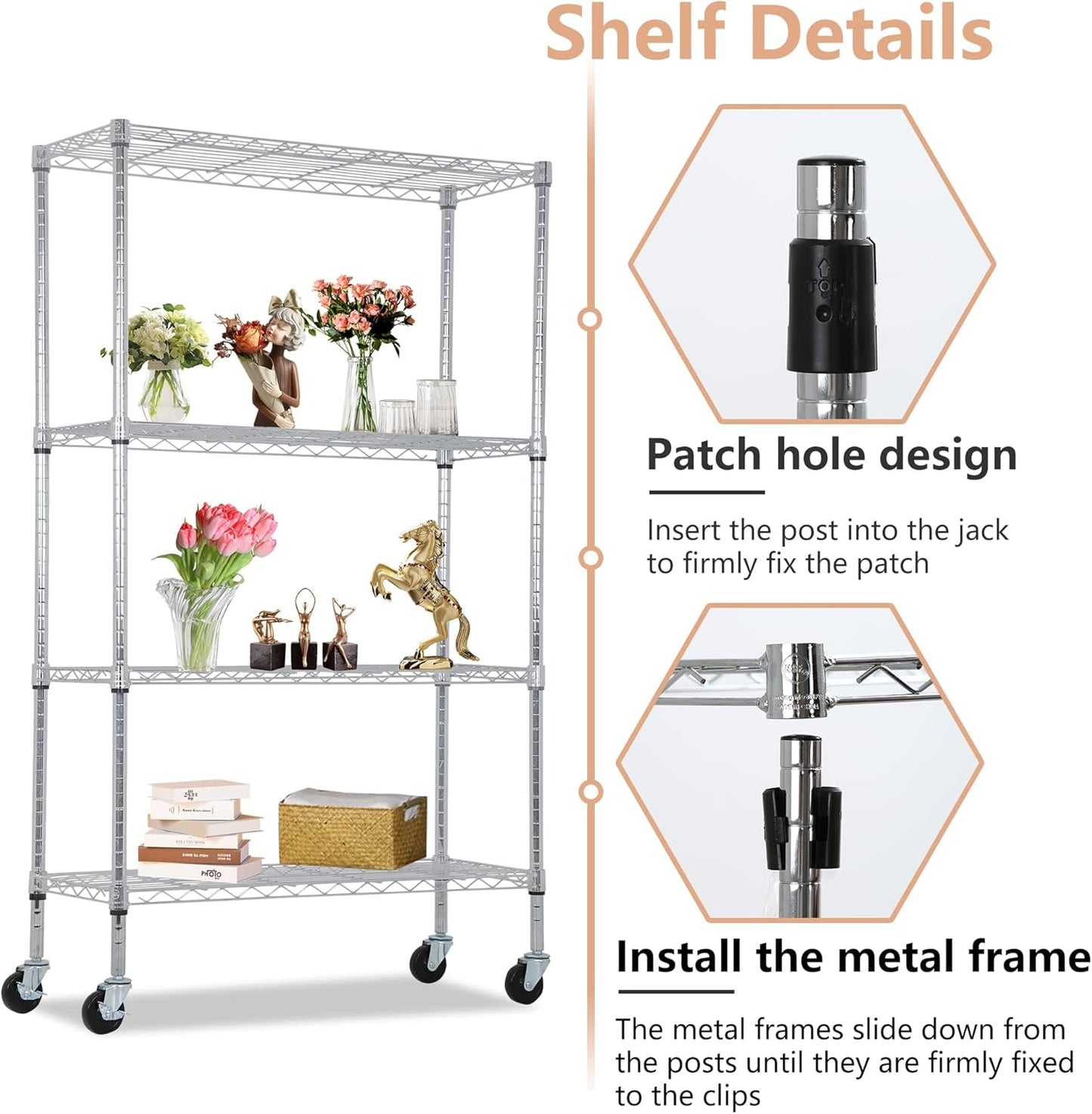 BestOffice 4-Tier Wire Storage Shelves - Heavy-Duty Metal Racks with Wheels | 36x14x62 | Chrome Finish | No-Tool Assembly for Home & Garage