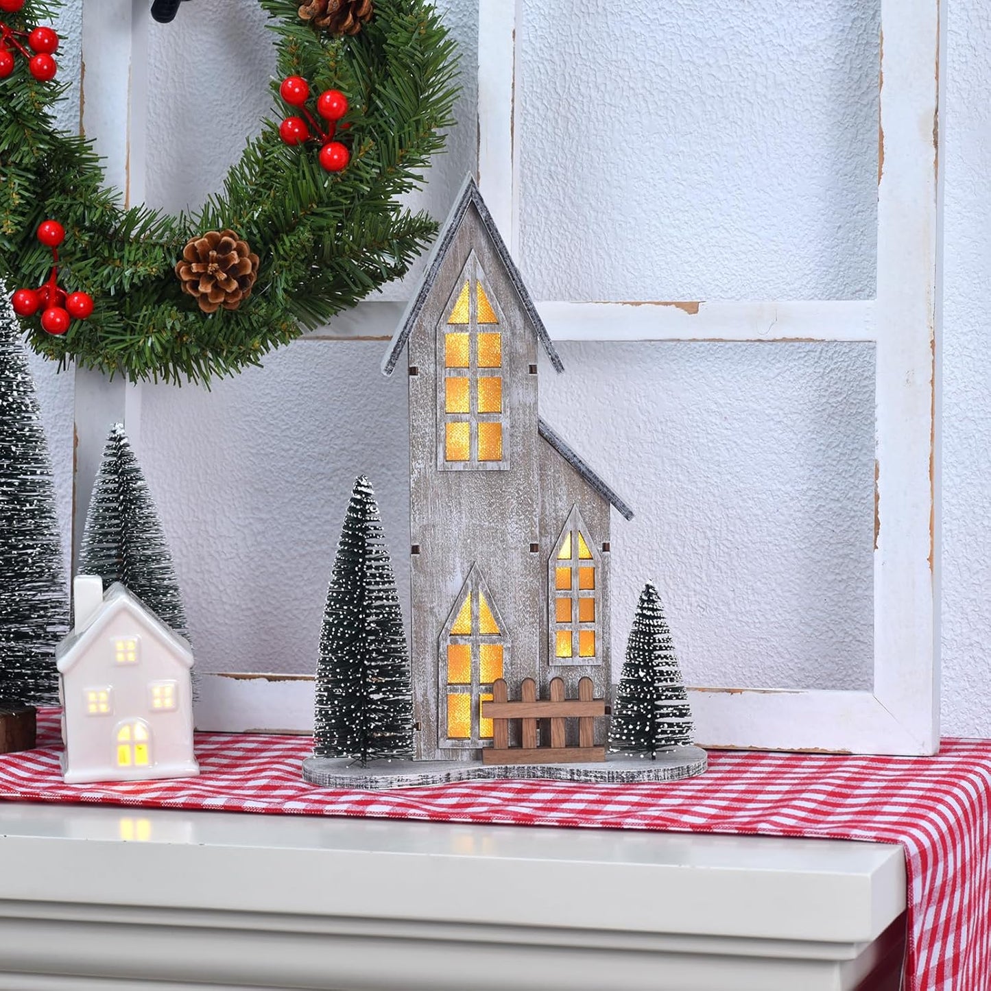 Wooden Christmas Village House - Lighted Indoor Tabletop Decor with LED & Tree | Winter Holiday Centerpiece (Style A)