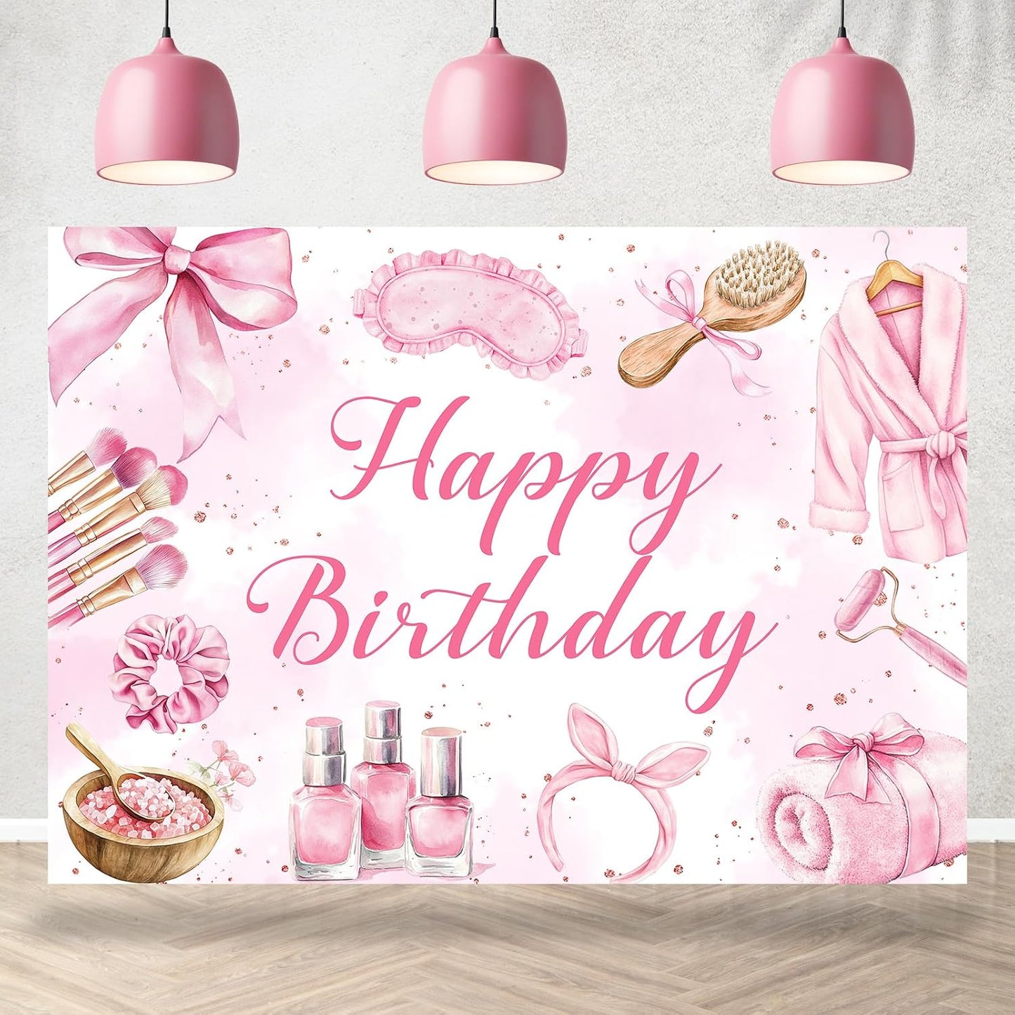 Bcuuipo 7x5ft Spa Party Happy Birthday Backdrop Pink Beauty Makeup Slumber Pajama Sleepover Background for Girls
