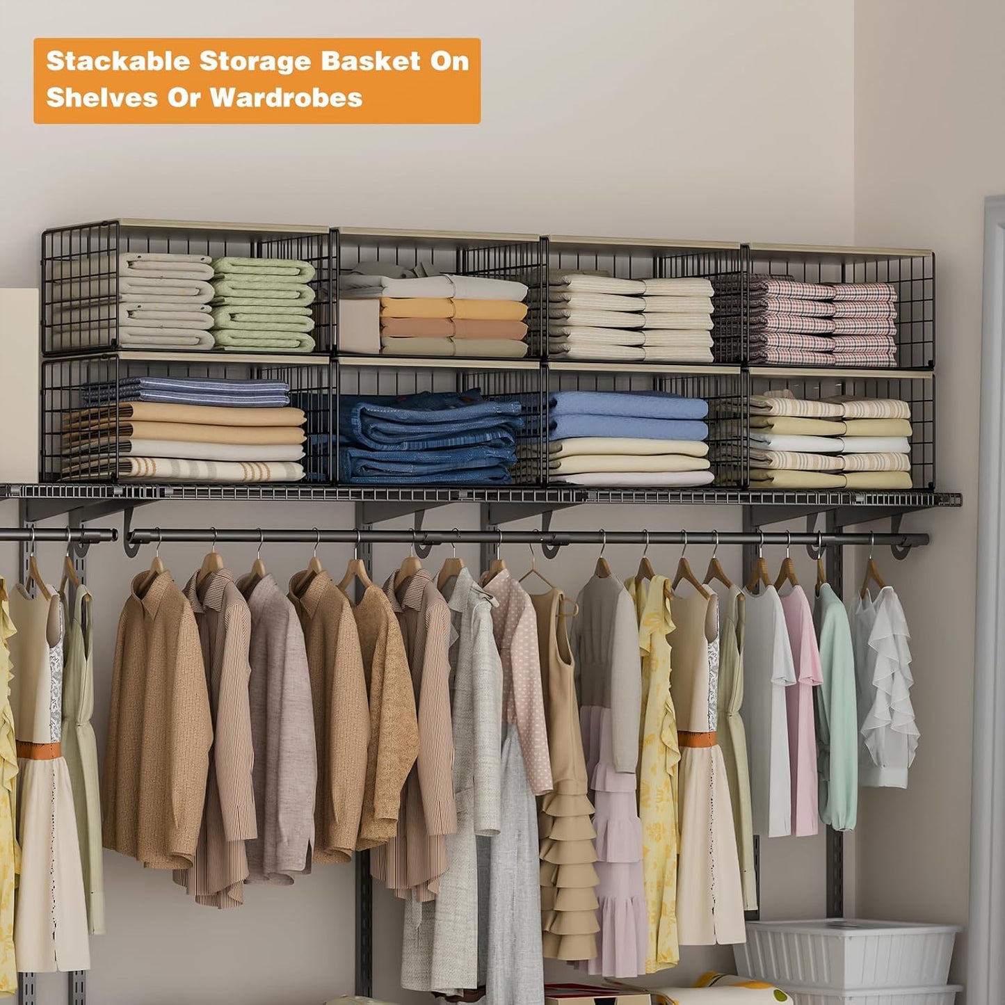 Sturdy Metal Closet Organizers by [Brand Name] - Extra-Long Stackable Storage Bins | Space-Saving Black Design, 3 Pack