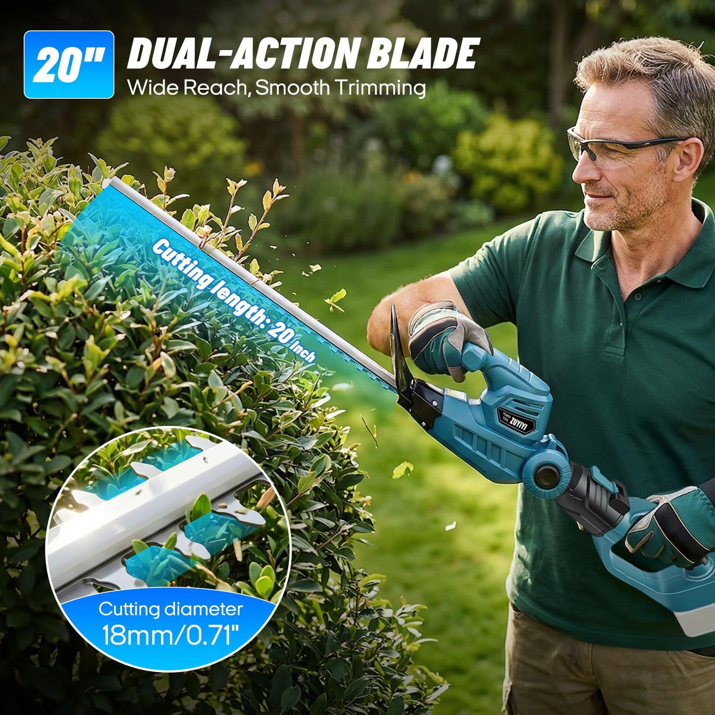 ZUYIYI Pole Hedge Trimmer Cordless for Makita 18V Battery, 2-in-1 Handheld & Long Reach Hedge Trimmer w/ 8.5FT Extension Pole, 20" Dual-Action, 3/4" Cutting Capacity, 150° Adjustable Head (Tool Only)