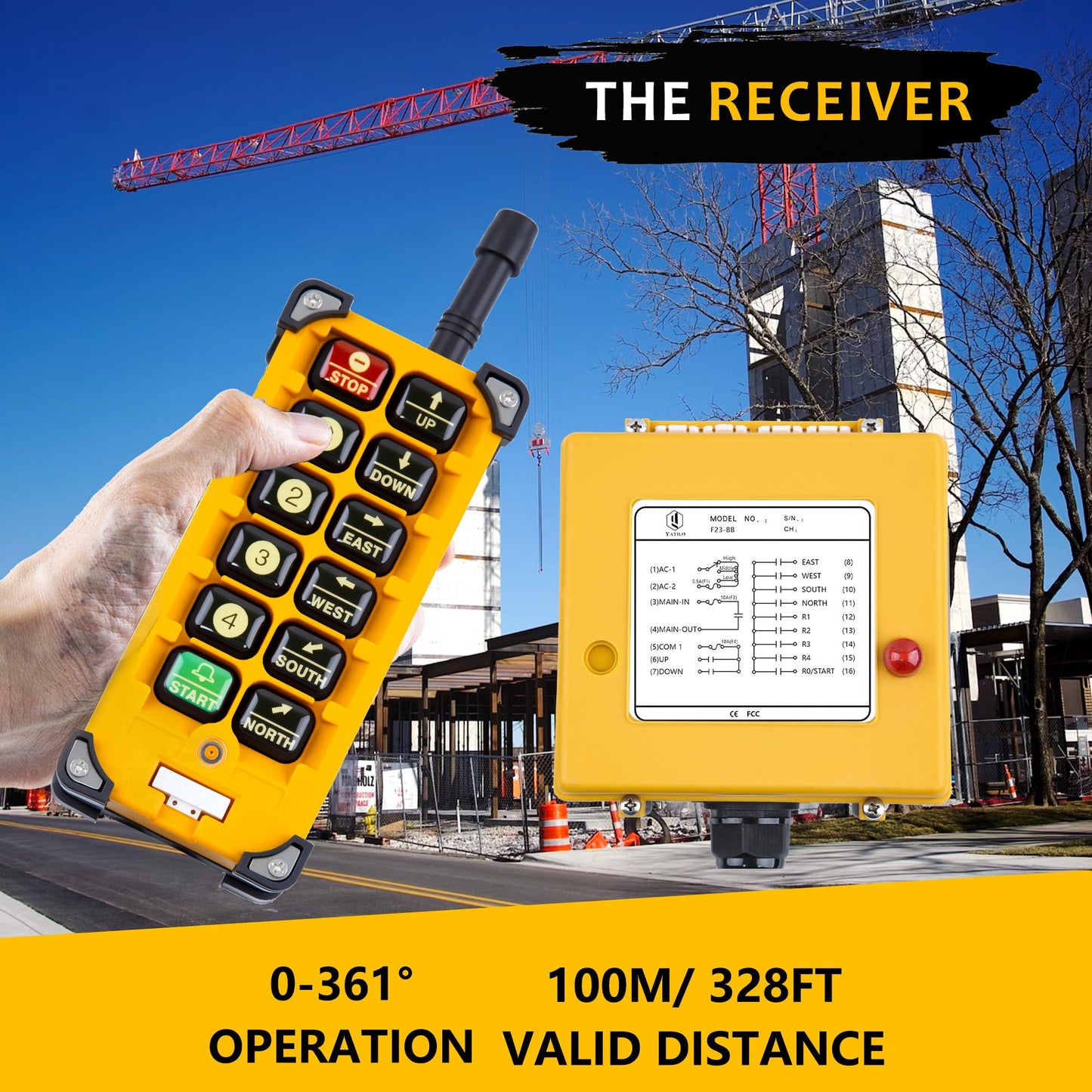 Yatilo F23-BB Industrial Wireless Crane Remote Control Kit for Overhead Crane, Hoist and Winch, 10 Channels, Universal Wide Voltage 16V-440V AC/DC, IP65 Waterproof (1 Transmitter & 1 Receiver)