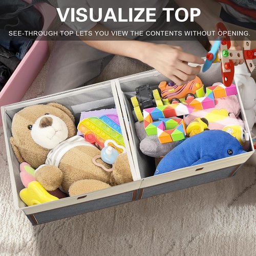 HISULIV 1 Pack Large Toy Storage Box with Clear Lids Collapsible Toys Chest Organizer Bin Basket with Adjustable Dividers for Kids Boys Girls Living Room Nursery Playroom Closet Beige and Grey