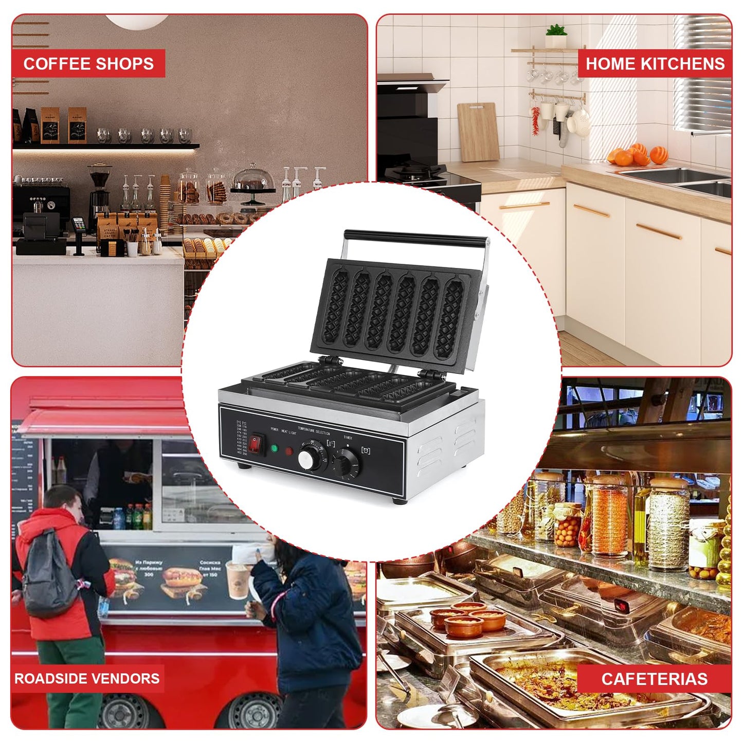 Hiteemer Corn Dog Maker - 1550W Commercial Waffle Stick Maker 6Pcs Non-stick Stainless Steel Corndog Maker Machine 572 ℉ Temperature and Timer for Restaurant Bakery Snack Hotel