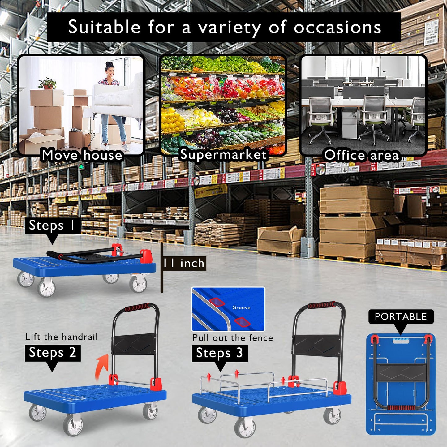 Heavy Duty Platform Truck Cart with Brake Wheels & Foldable Fences 1300lbs Capacity Flatbed Cart for Moving and Transport 36"x24" Moving Dolly for Warehouse/Industrial/Home, Blue
