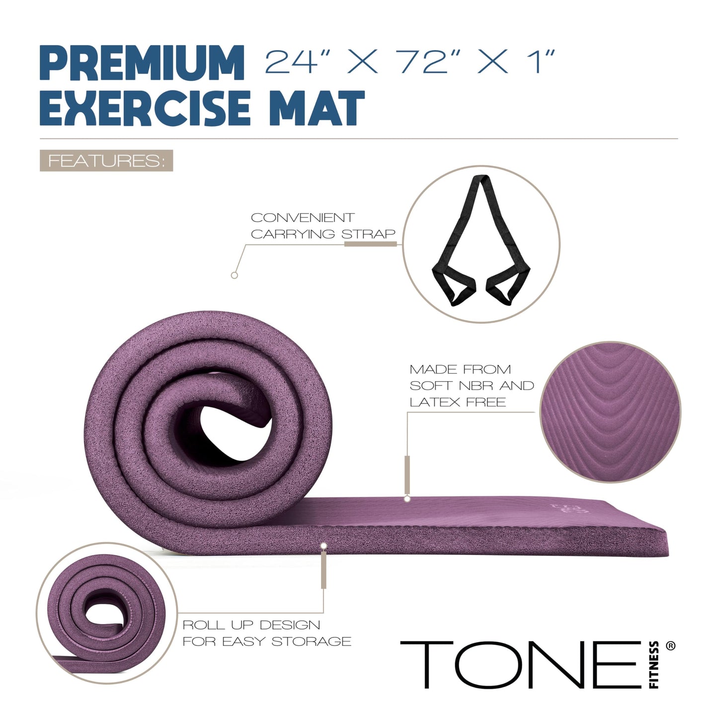 TONE Fitness Premium Extra Thick 1-Inch High Density Exercise Mat with Carry Strap – Non-Slip Workout, Pilates, and Yoga Mat for Home Gym - Color Purple - Wave Pattern