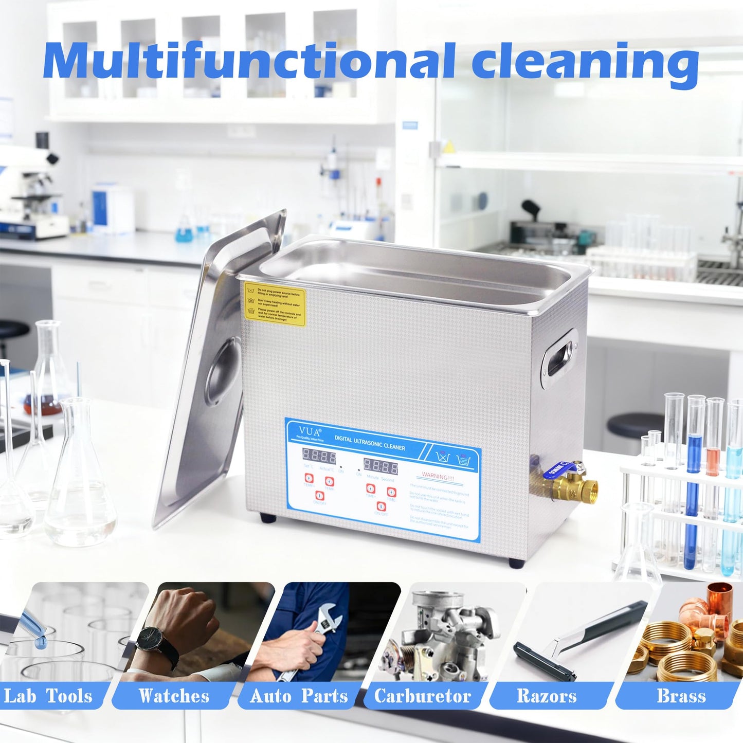 VUA 6L Commercial Ultrasonic Cleaner with Digital Timer & Heater, Professional Ultrasonic Parts Cleaner, Ultra Sonic Cleaning Machine with 300W Heated Cleaner for Glasses Industrial Parts Tools Lab