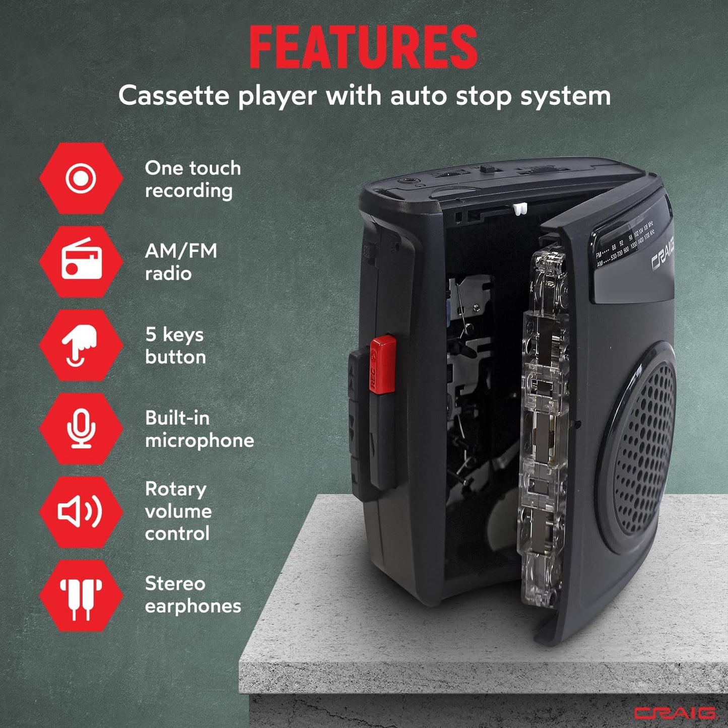 Craig Cassette Stereo Player/Recorder with Earphones: Portable AM/FM Radio & One-Touch Recording System