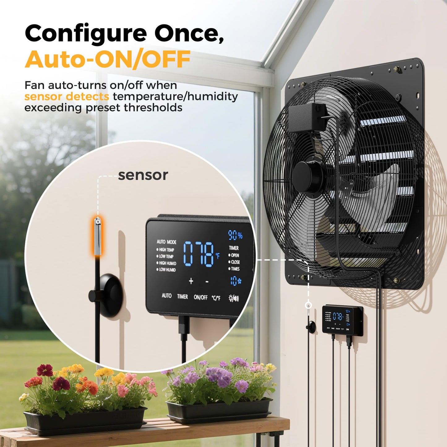 CAMMOO 20 Inch EC Motor Shutter Exhaust Fan, 6 Inch Large Touchscreen Controller for Temp Humidity and Speed Control, 10-Speed Wall Mount Fan for Attic, Greenhouse, Garage, Chicken Coop Ventilation