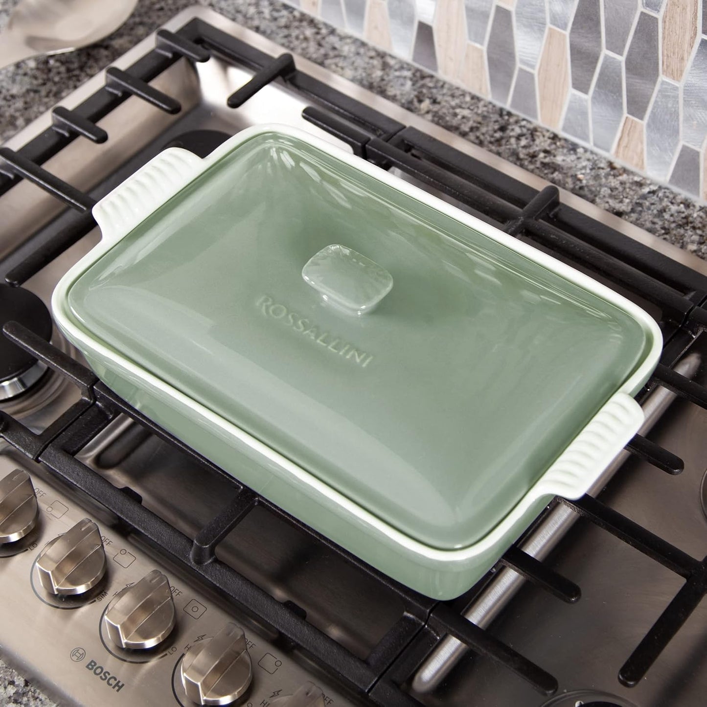 ROSSALLINI Stoneware Casserole Dish - Extra Large 4.23 Quart Bakeware Set with Lid | 13 x 9 Inch, Verde Salvia